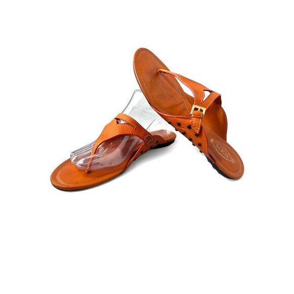 TOD'S Orange Leather Slip-on Driving Thong  Sandals size 9 - Picture 2 of 10
